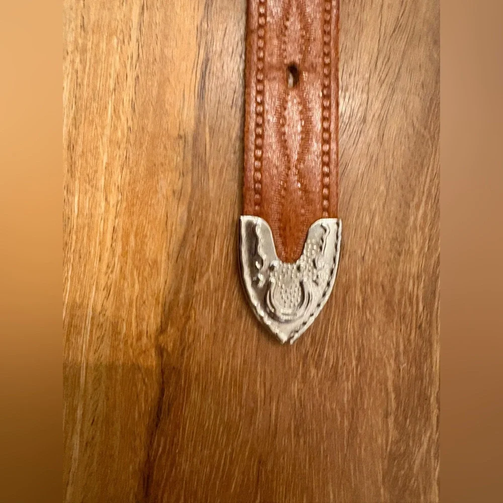 VTG 1950s Hand Tooled Leather Beaded Belt Thunderbird Bull Buckle Kids/XS